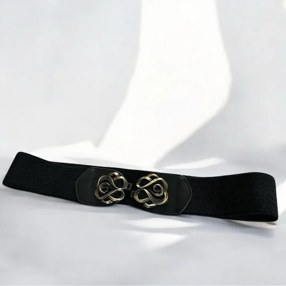Wide Black Stretch Front Clip Belt Brushed Gold Accent Buckle Size Large - Picture 6 of 12